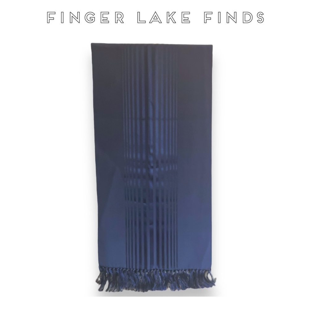 Navy Silk Crepe Fringed Scarf